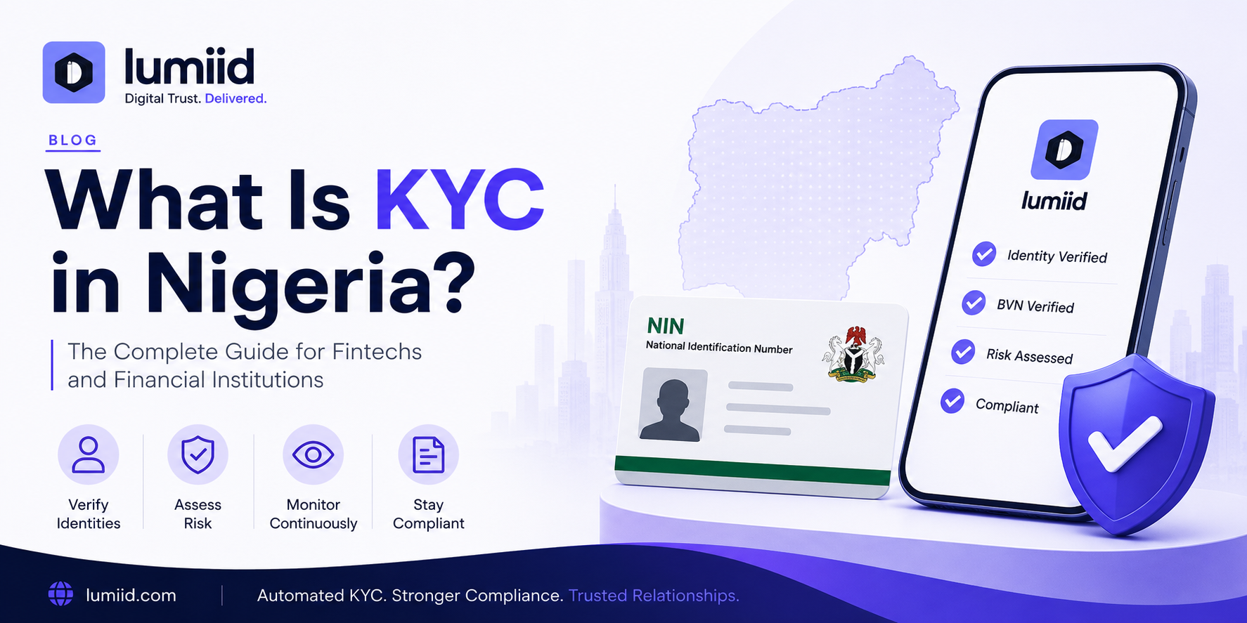 Lumiid blog banner for "What Is KYC in Nigeria? The Complete Guide for Fintechs and Financial Institutions" featuring digital identity verification, BVN, NIN, and KYC compliance.